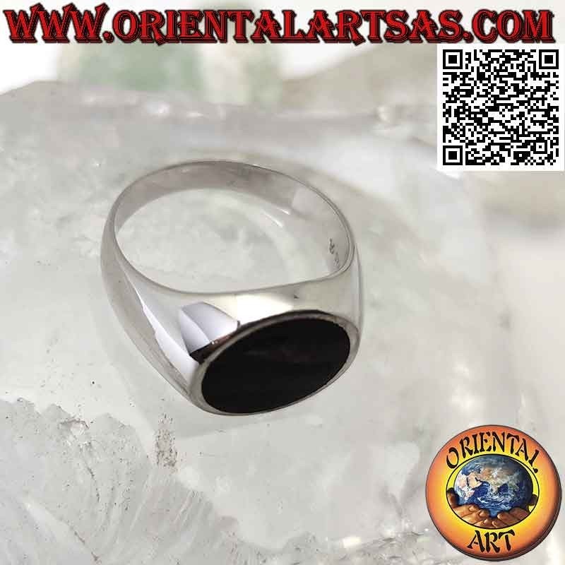 Anillo de plata con ónix redondo a ras de canto sobre marco liso de Ø 12 mm