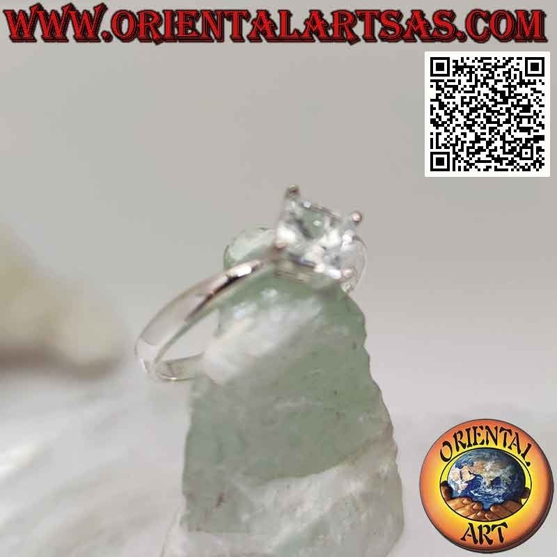 Solitaire silver ring with white square rhomboid zircon set