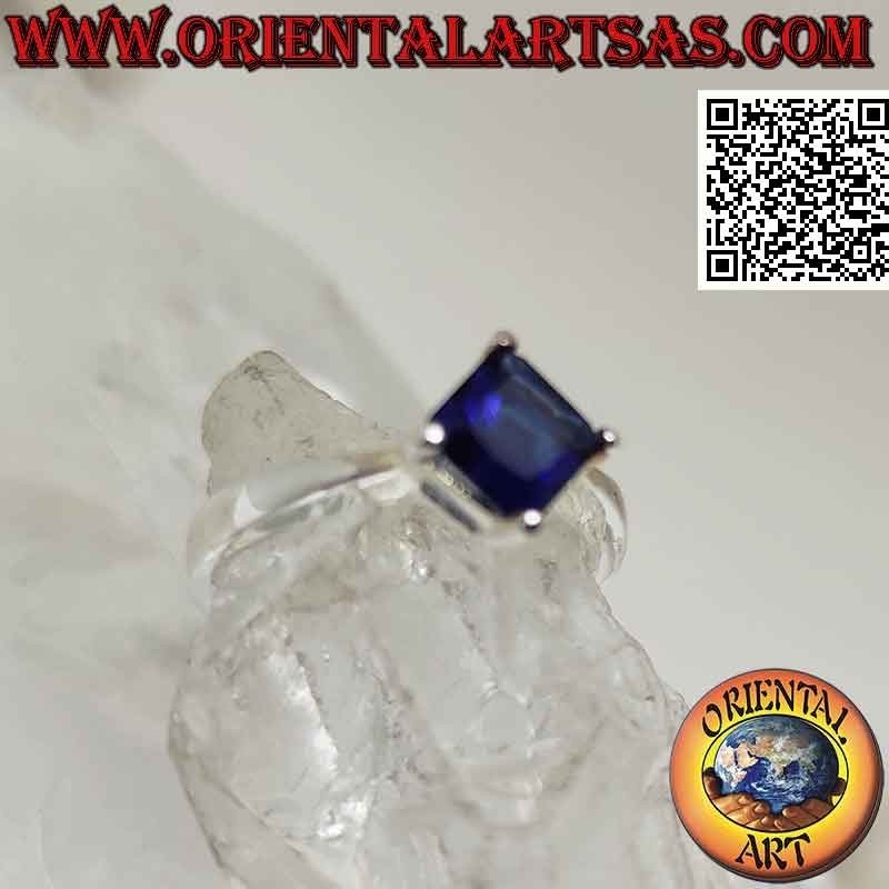 Solitaire silver ring with square rhomboid synthetic sapphire set