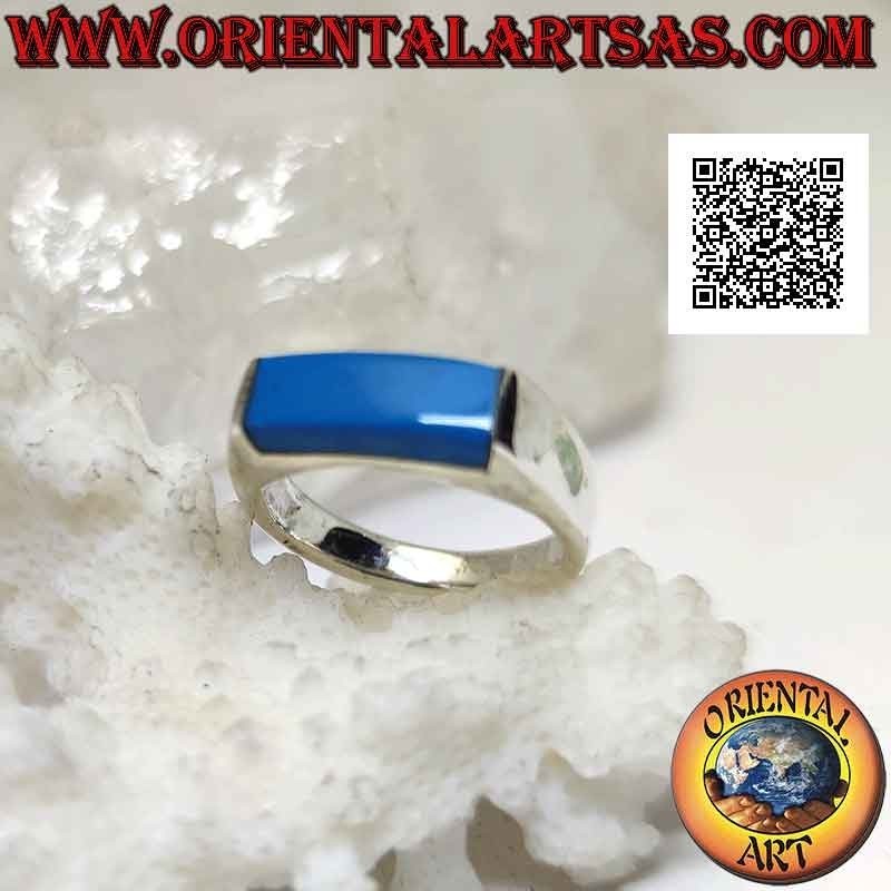 Anello in argento liscio con turchese rettangolare allungato sporgente su due lati