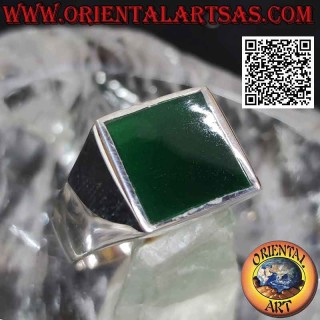 Glatter Silberring mit quadratischem grünem Achat bündig mit Rand 13x13 mm