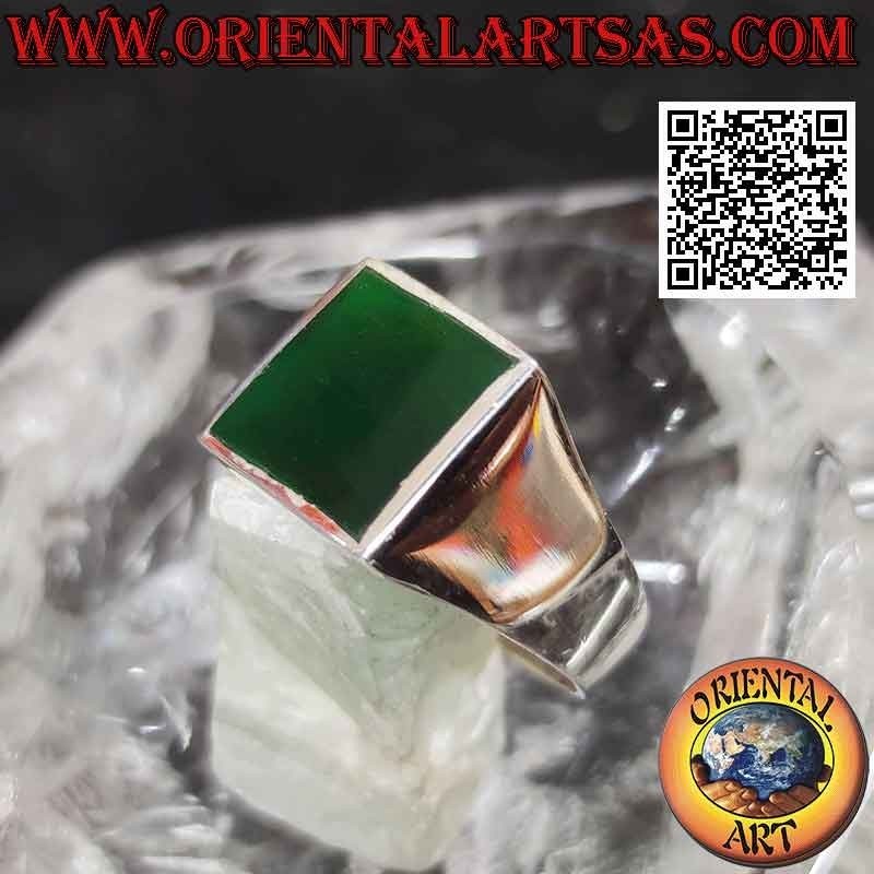 Anillo de plata lisa con ágata verde cuadrada a ras de canto 13x13 mm
