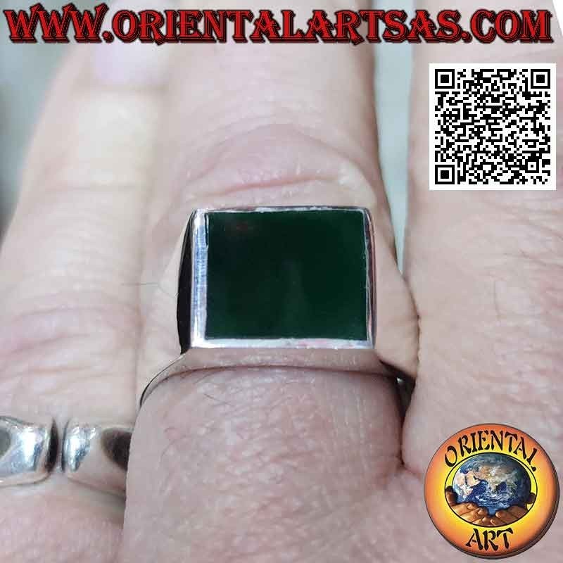Anillo de plata lisa con ágata verde cuadrada a ras de canto 13x13 mm