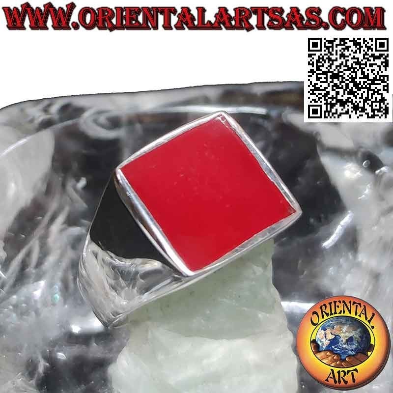 Anillo de plata lisa con cornalina cuadrada al ras de canto 13x13 mm
