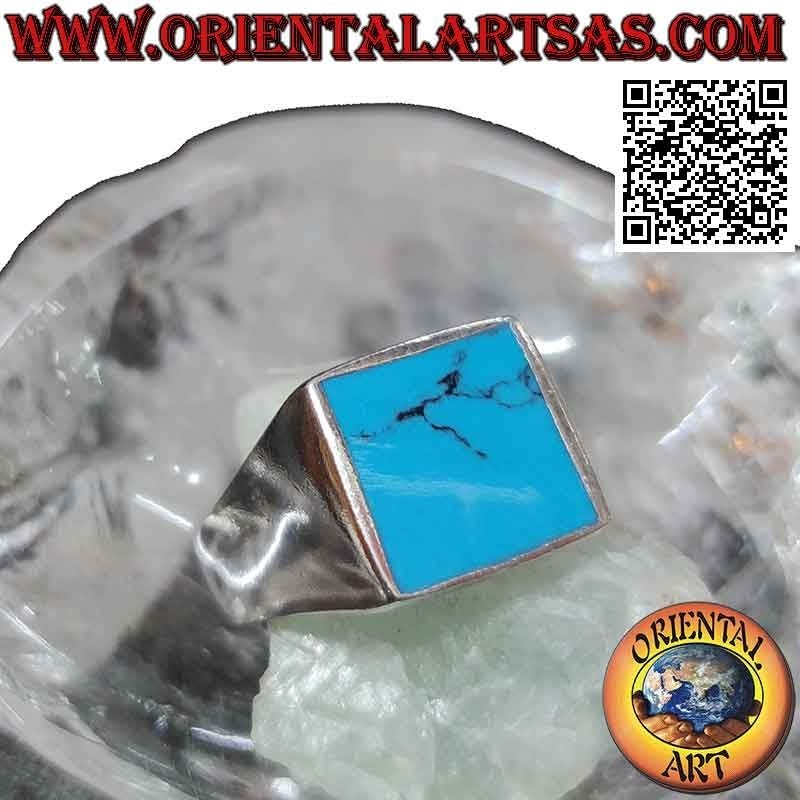 Bague en argent lisse avec rinçage carré turquoise avec bord 13x13 mm