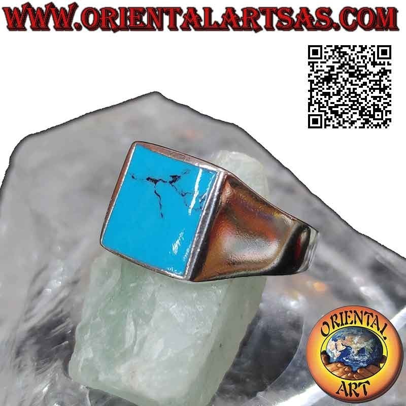 Anillo de plata lisa con turquesa cuadrada al ras de canto 13x13 mm