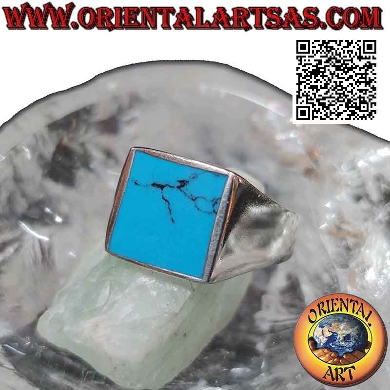 Bague en argent lisse avec rinçage carré turquoise avec bord 13x13 mm