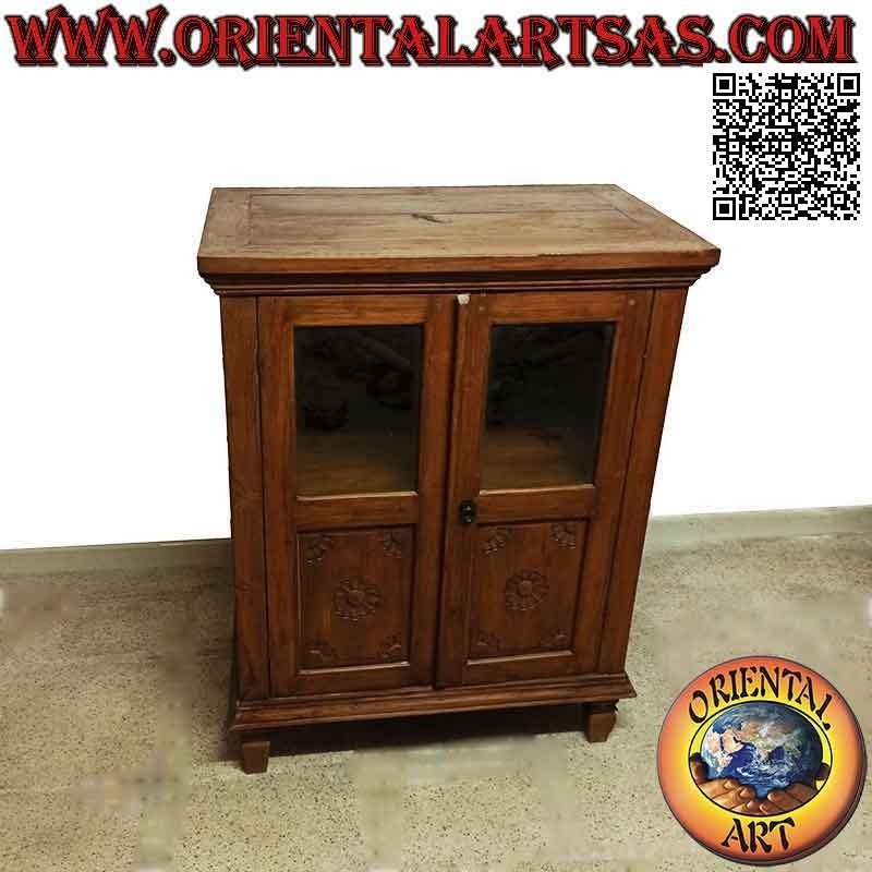 Deep glass cabinet with two doors (half glass and half wood) with floral decoration in teak wood