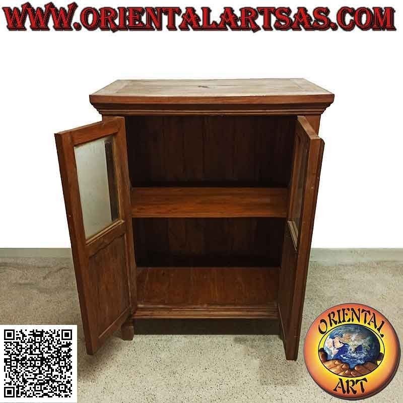 Vetrinetta profonda a due ante (metà vetro e metà legno) con decoro floreale  in legno di teak