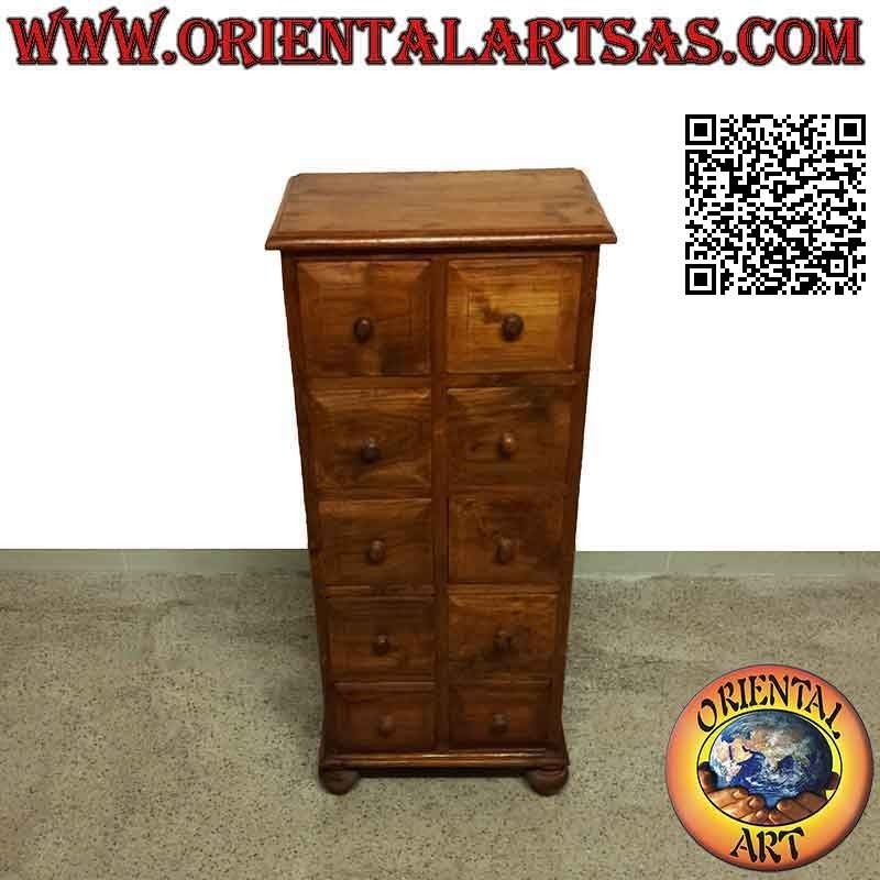 Column chest of drawers with 10 square drawers in teak wood