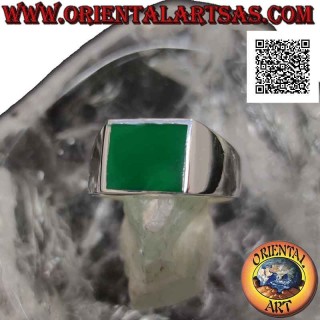 Bague en argent lisse avec agate verte rectangulaire , 12x10 mm.