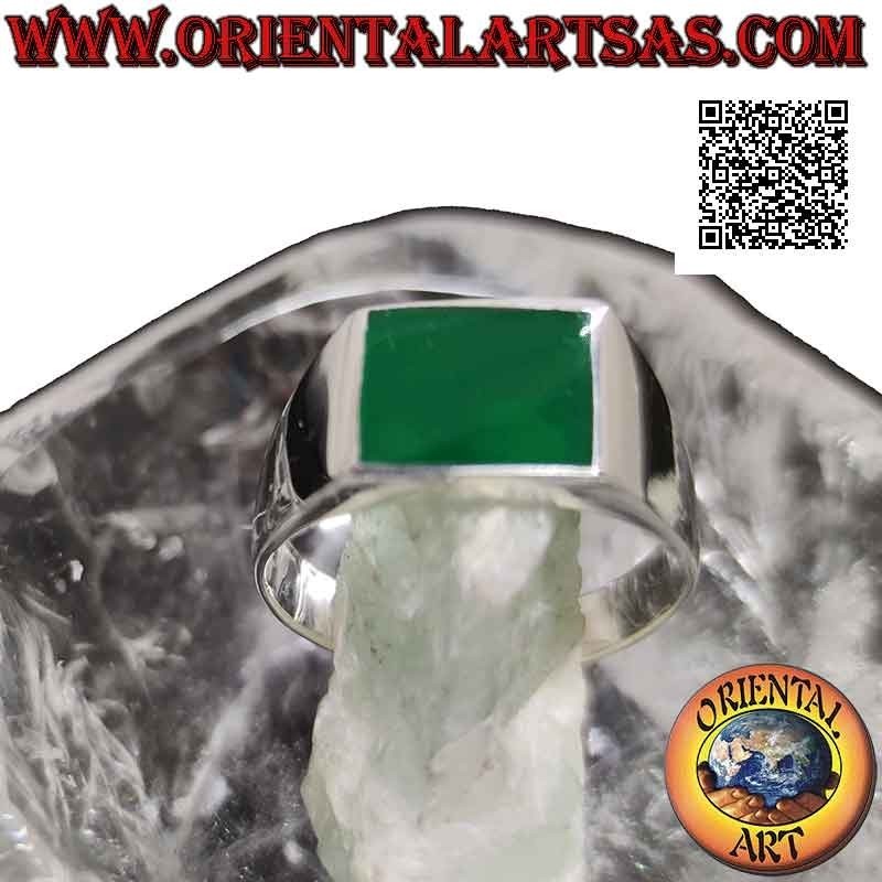 Anello in argento liscio con agata verde rettangolare orizzontale a filo bordo 12x10 mm
