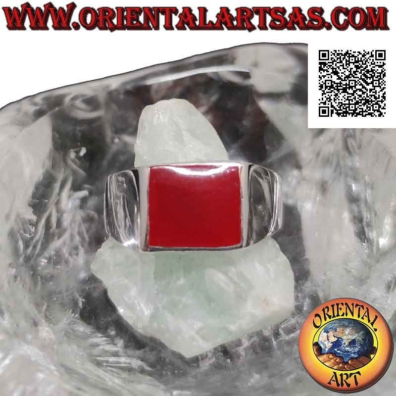 Anello in argento liscio con corniola rettangolare orizzontale a filo bordo 12x10 mm