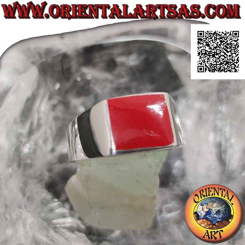 Anillo de plata lisa con cornalina rectangular horizontal a ras de canto 12x10 mm