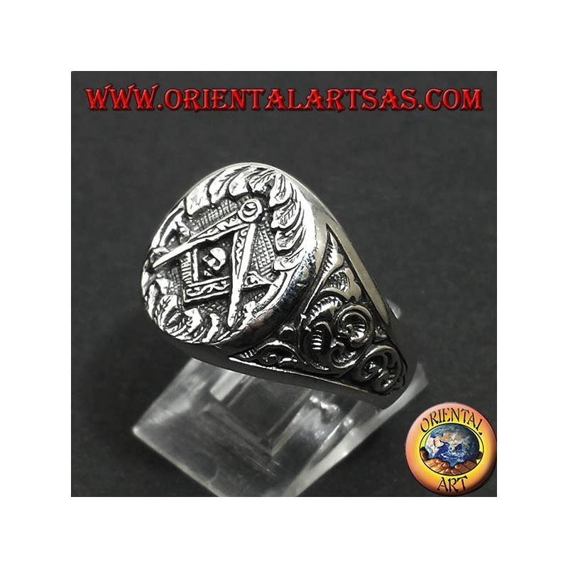 Bague en argent, boussole équipe symbole Mason et le crâne