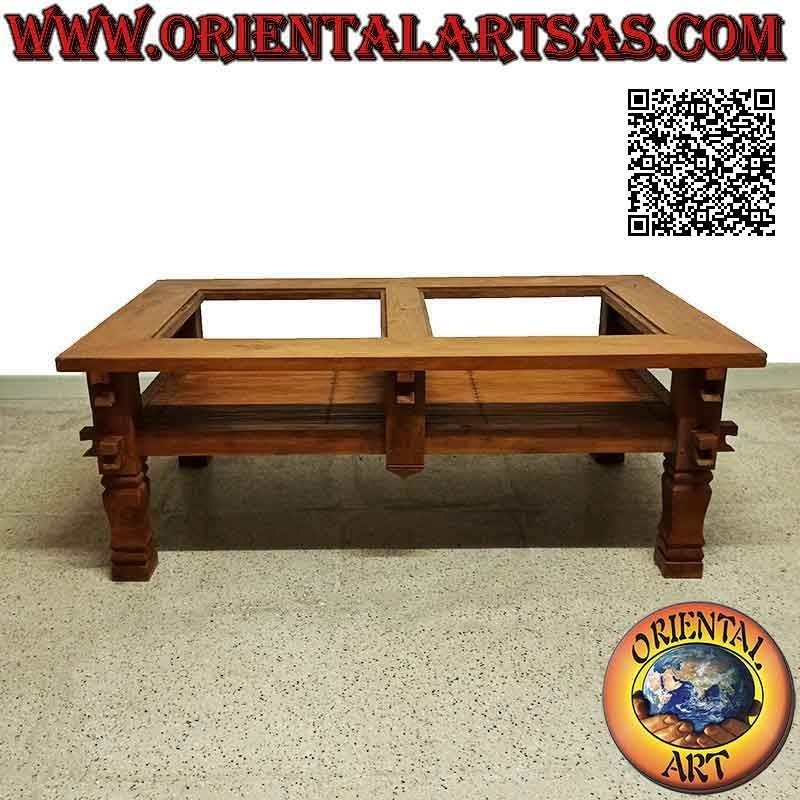Table basse rectangulaire de salon de style primitif en bois de teck et plateau en deux verres et étagère en bambou