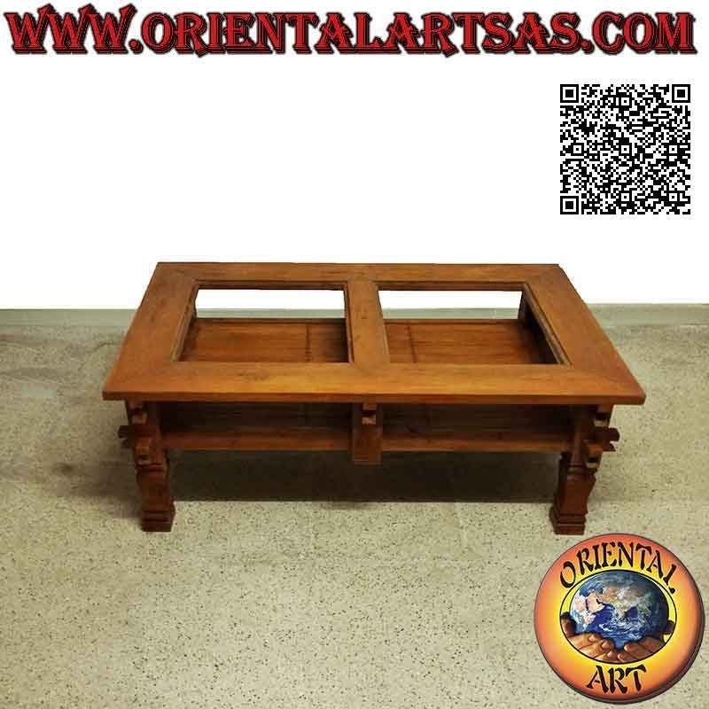 Tavolo basso da salotto rettangolare in stile primitivo in legno di teak e piano in due vetri e ripiano in bambù