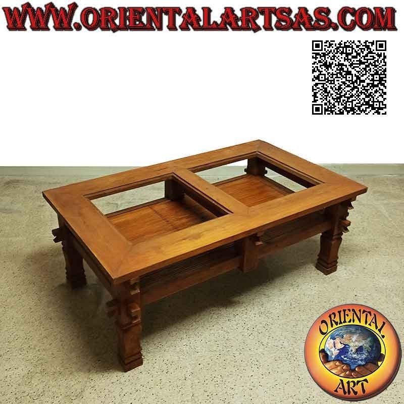 Rectangular low table for living room in primitive style in teak wood and top in two glasses and bamboo shelf