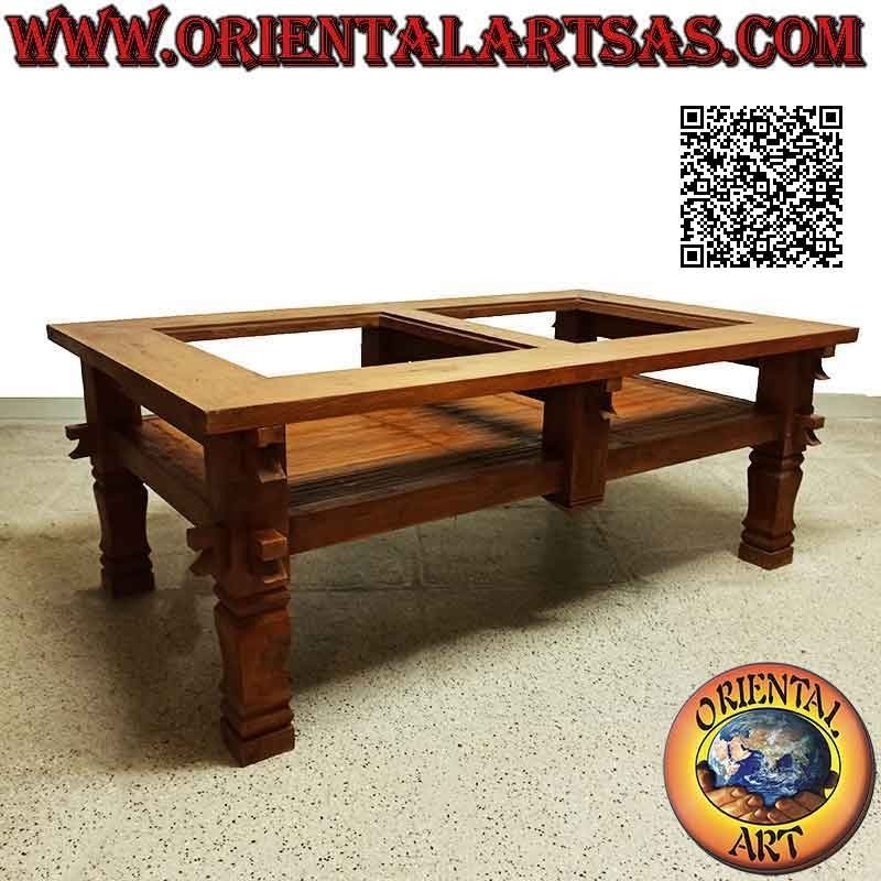 Rectangular low table for living room in primitive style in teak wood and top in two glasses and bamboo shelf