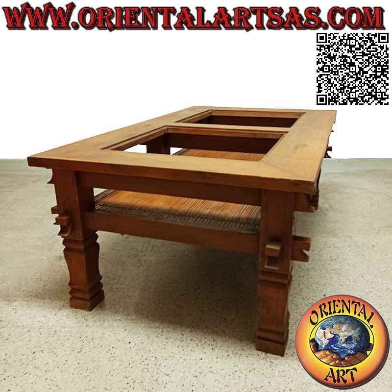 Mesa baja rectangular para salón de estilo primitivo en madera de teca y tapa en dos vasos y balda de bambú
