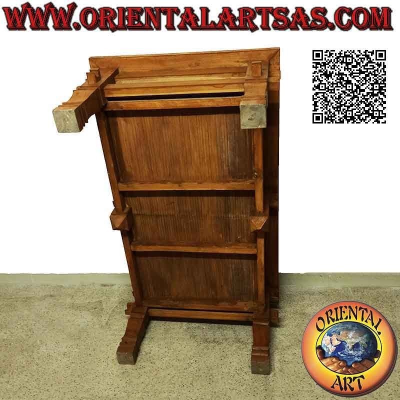 Mesa baja rectangular para salón de estilo primitivo en madera de teca y tapa en dos vasos y balda de bambú