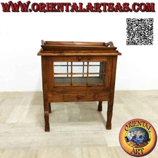 Rectangular liquor bar display cabinet with teak wood door and tray