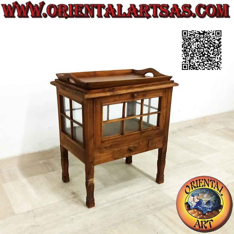 Rectangular liquor bar display cabinet with teak wood door and tray