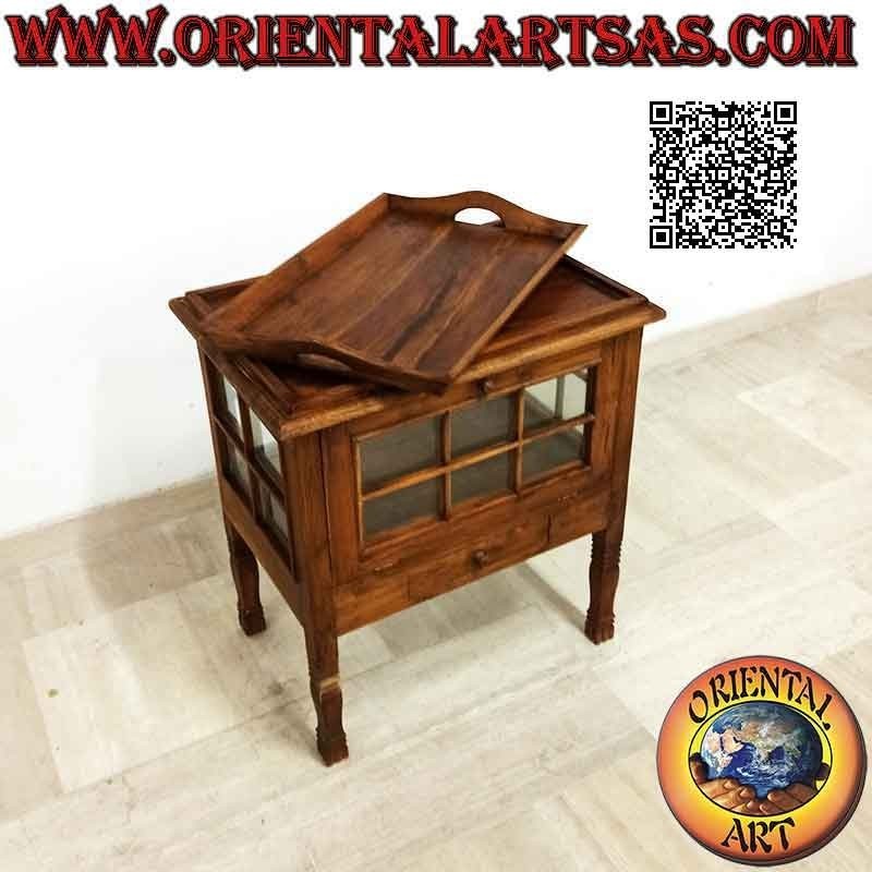 Rectangular liquor bar display cabinet with teak wood door and tray