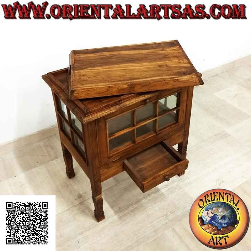 Vitrina licorera rectangular con puerta y bandeja de madera de teca