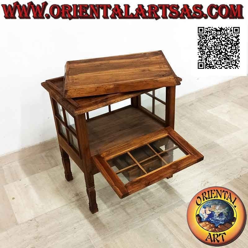 Rectangular liquor bar display cabinet with teak wood door and tray