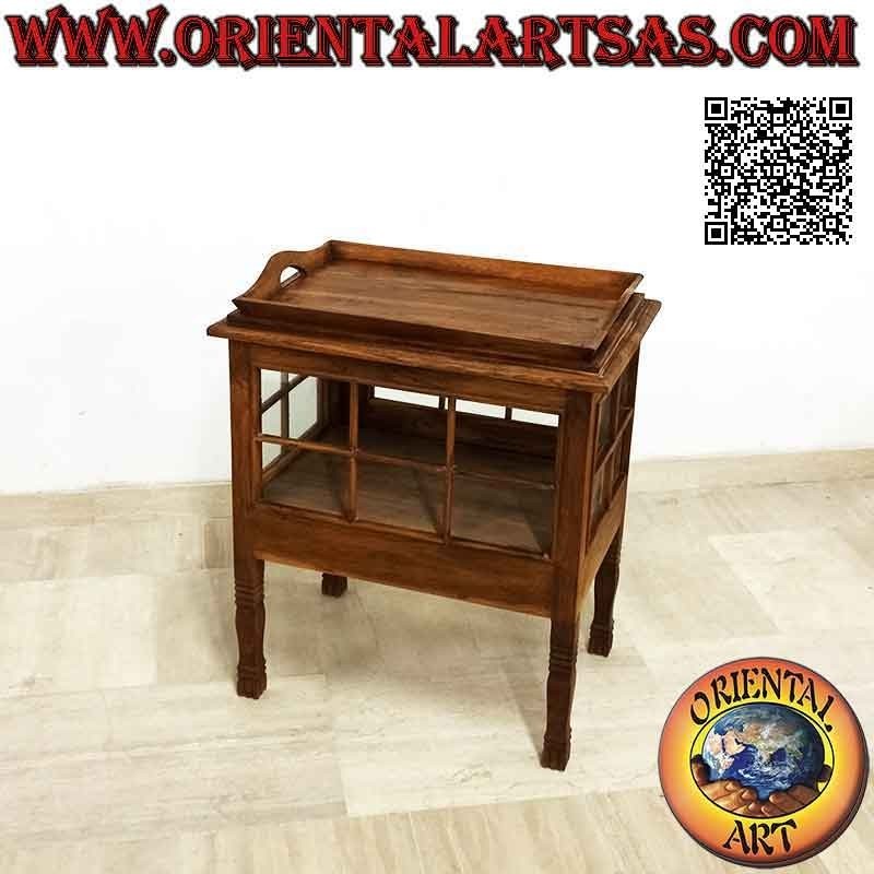 Rectangular liquor bar display cabinet with teak wood door and tray