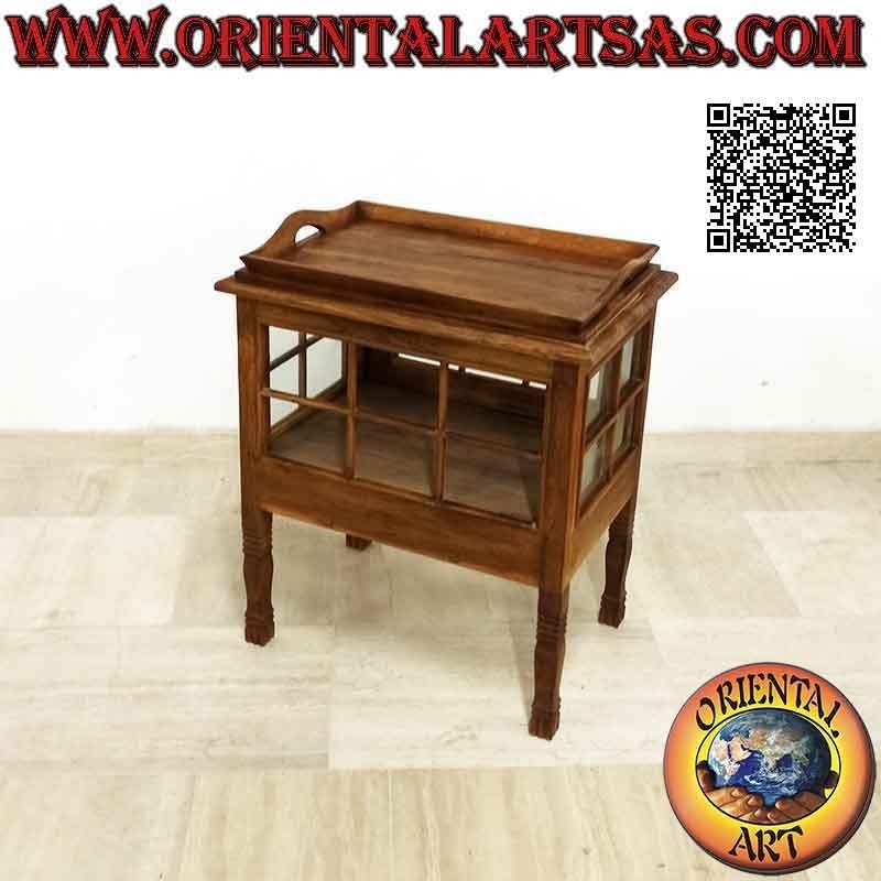 Rectangular liquor bar display cabinet with teak wood door and tray