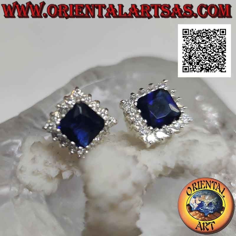 Silver lobe earrings with square synthetic sapphire set surrounded by white zircons