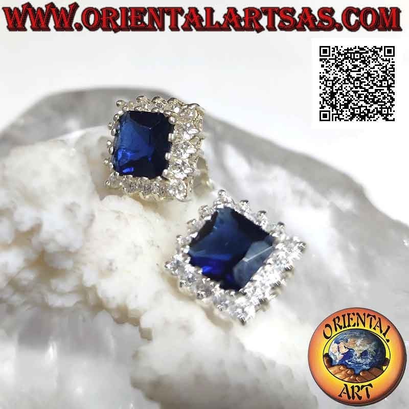 Silver lobe earrings with square synthetic sapphire set surrounded by white zircons