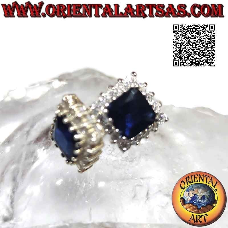 Silver lobe earrings with square synthetic sapphire set surrounded by white zircons