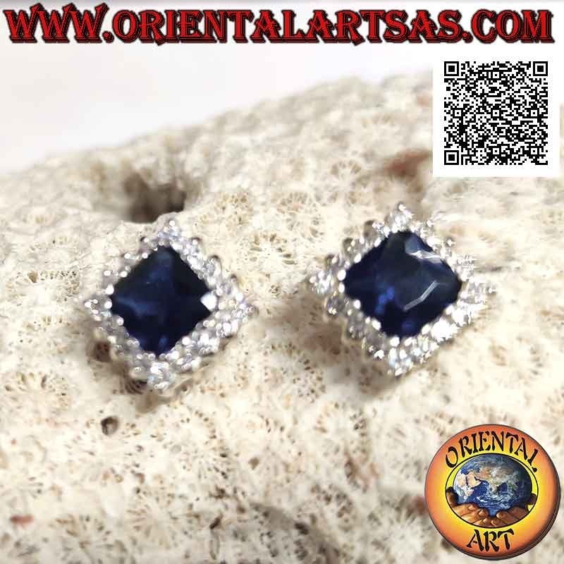 Silver lobe earrings with square synthetic sapphire set surrounded by white zircons