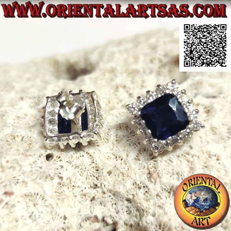 Silver lobe earrings with square synthetic sapphire set surrounded by white zircons