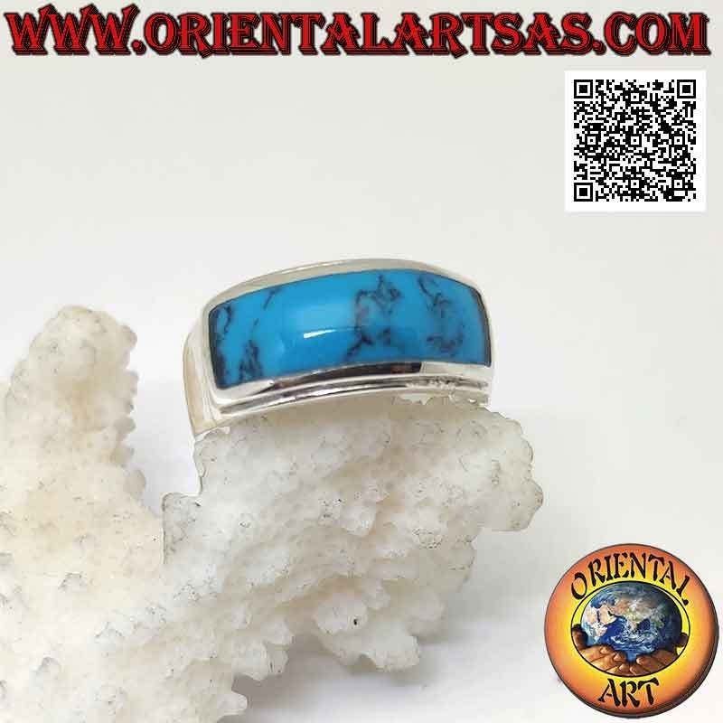 Anello in argento con turchese rettangolare orizzontale a filo con doppio bordo sollevato liscio