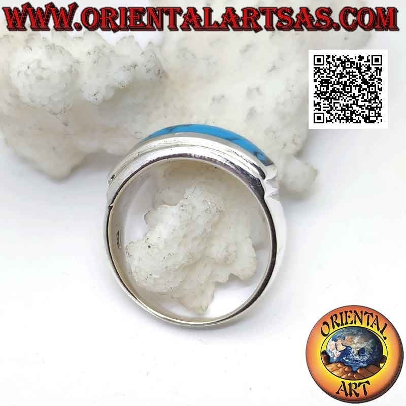 Anello in argento con turchese rettangolare orizzontale a filo con doppio bordo sollevato liscio