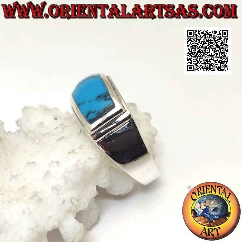Anello in argento con turchese rettangolare orizzontale a filo con doppio bordo sollevato liscio