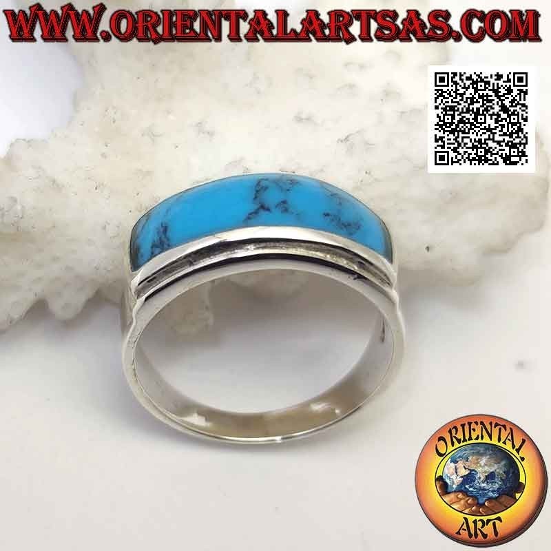 Anello in argento con turchese rettangolare orizzontale a filo con doppio bordo sollevato liscio