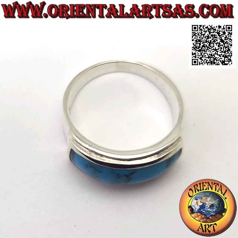 Silver ring with horizontal rectangular turquoise flush with double smooth raised edge