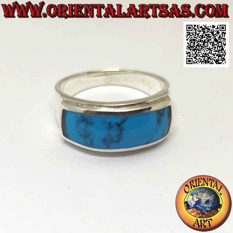 Silver ring with horizontal rectangular turquoise flush with double smooth raised edge