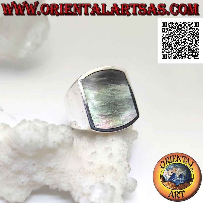 Anello in argento con paua shell (abalone) rettangolare curva su due lati a filo bordo su montatura liscia