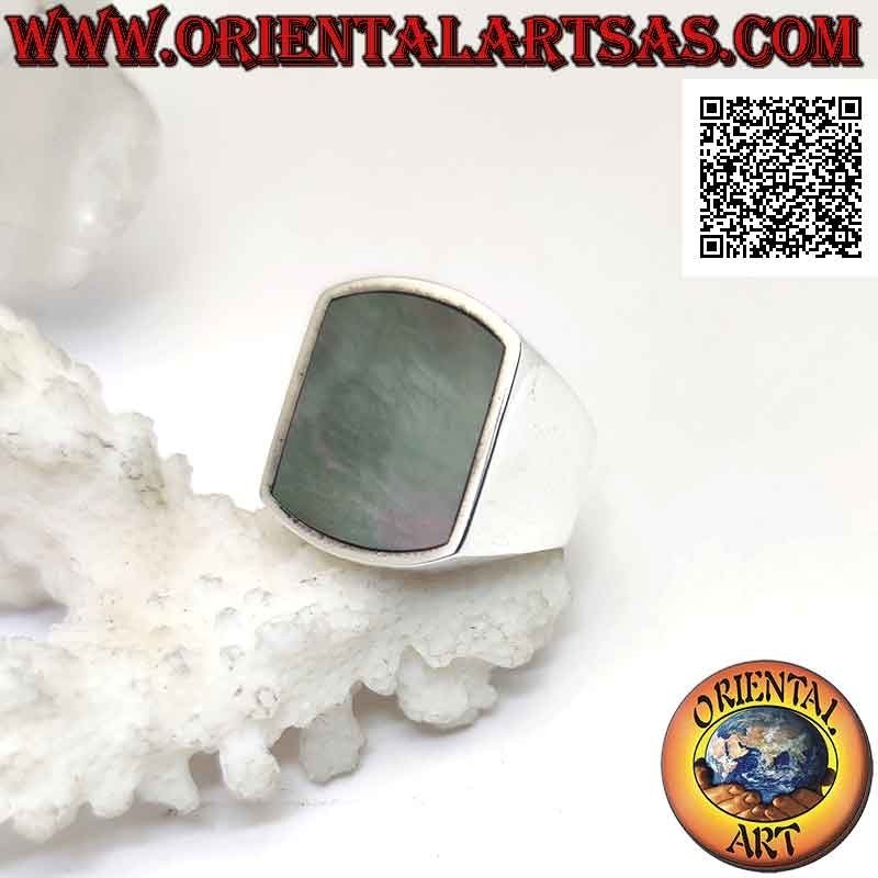 Anello in argento con paua shell (abalone) rettangolare curva su due lati a filo bordo su montatura liscia