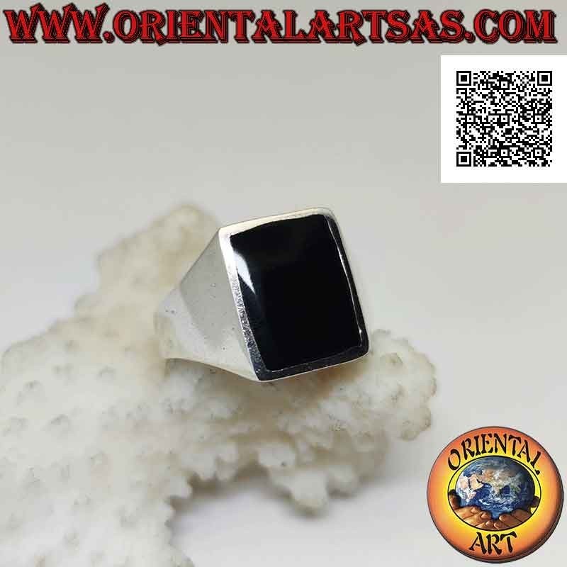 Silberring mit vertikalem rechteckigem Onyx bündig mit Rand auf glattem 12 x 8 mm