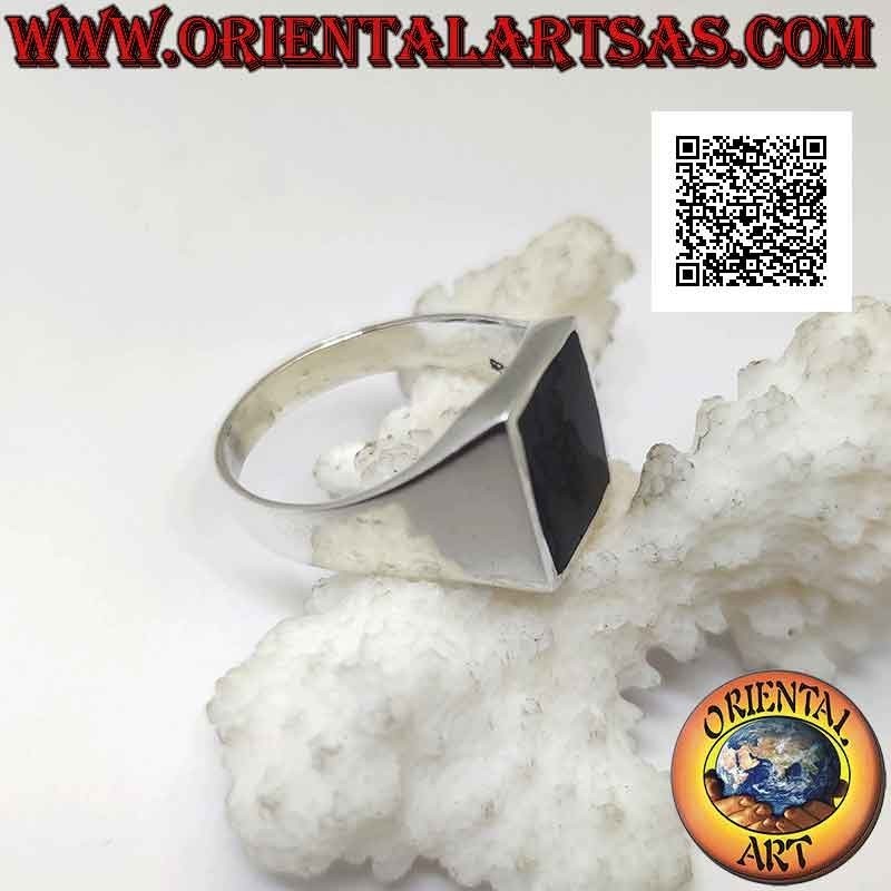 Anillo de plata con ónix rectangular vertical al ras con borde liso 12 x 8 mm