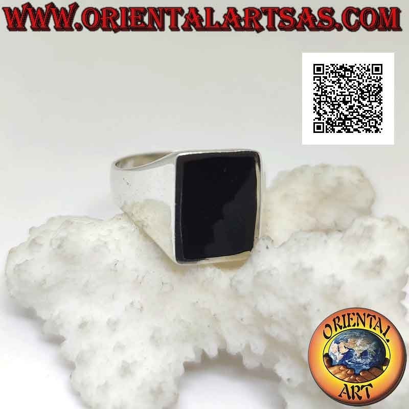 Silberring mit vertikalem rechteckigem Onyx bündig mit Rand auf glattem 12 x 8 mm