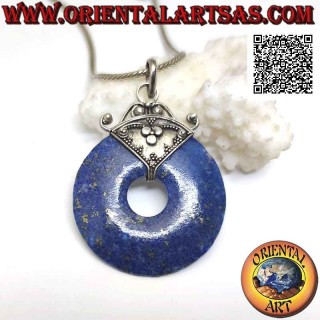 Lapis lazuli pendant, 35 mm donut shape. with hook decorated in silver bas-relief