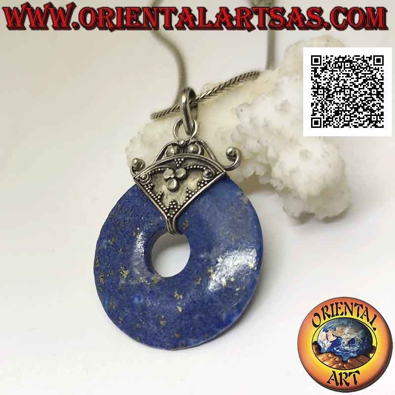 Lapis lazuli pendant, 35 mm donut shape. with hook decorated in silver bas-relief